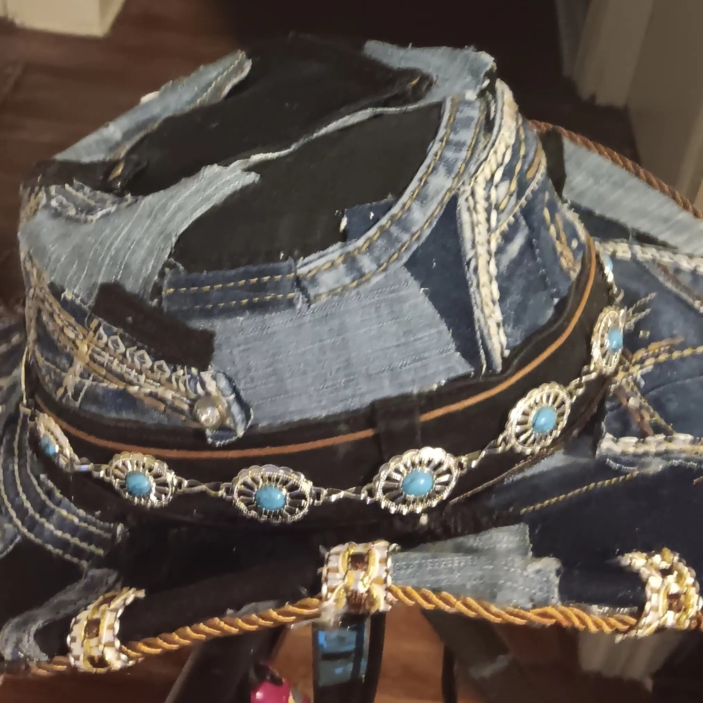 Denim Patchwork Western Hat With Turquoise Details - image 3